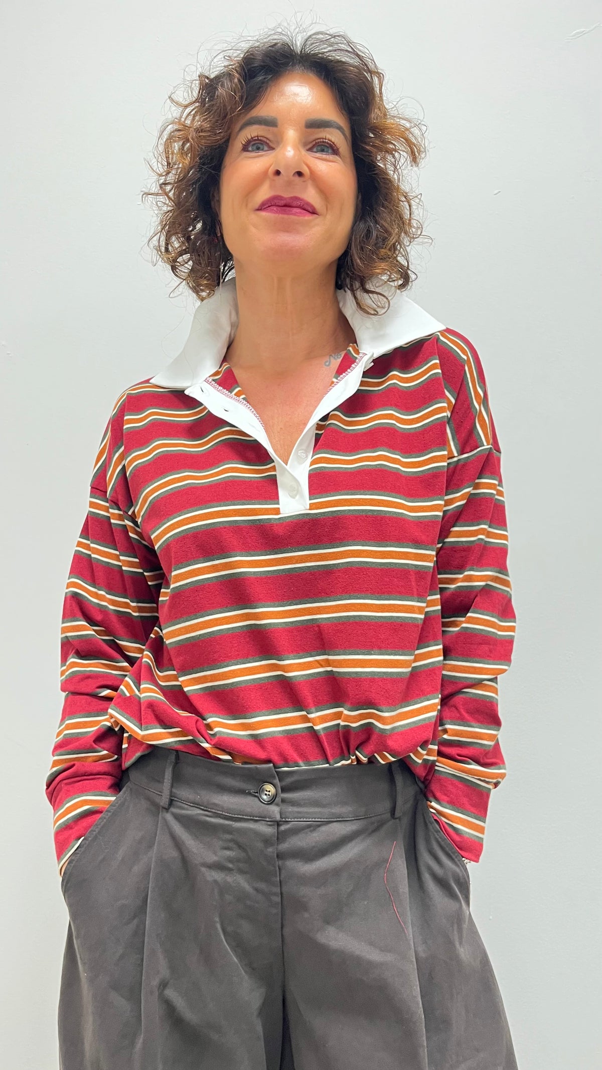 Polo donna a righe in cotone bordeaux My-d
