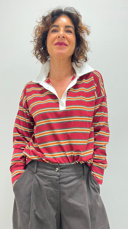 Polo donna a righe in cotone bordeaux My-d