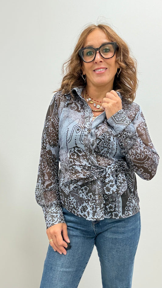 Camicia georgette fantasia con nodo Extasy azzurro moro e lurex