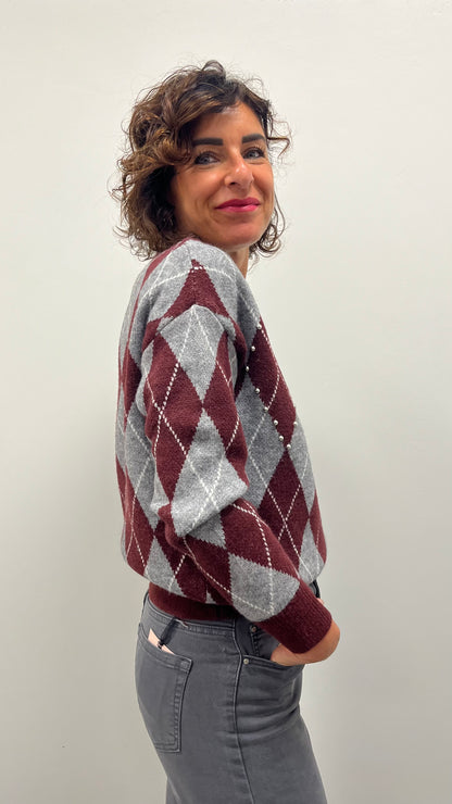 Maglia Paricollo Rombi Bordeaux Grigio Extin