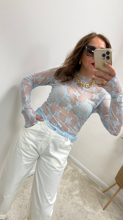Maglia pizzo con guantino Susy Mix azzurra