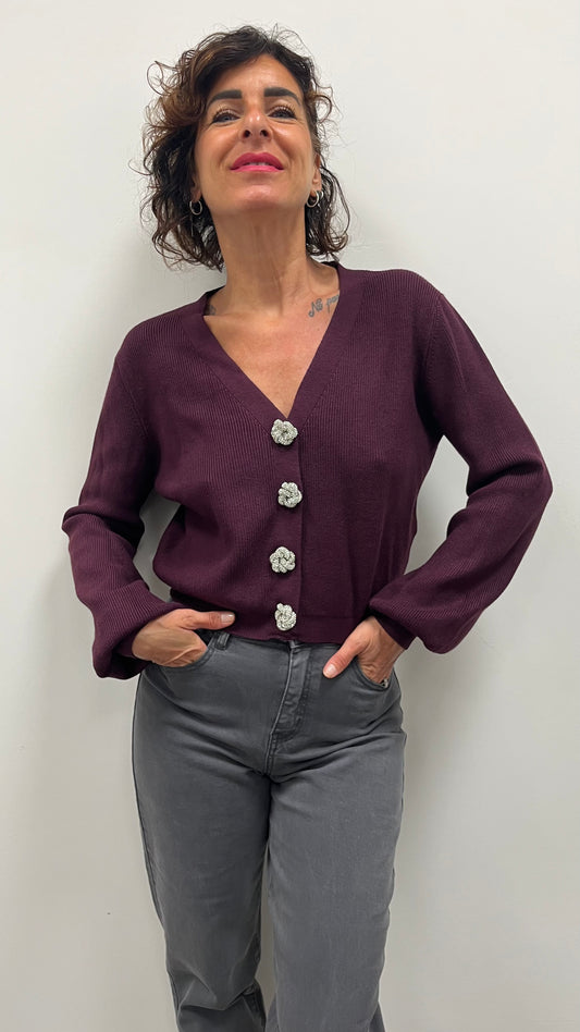 Cardigan Bottone Gioiello Bordeaux