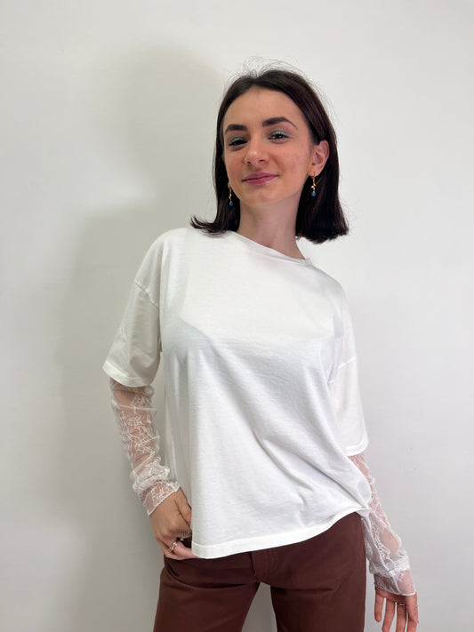 T-shirt Bianca manica in pizzo Susy Mix