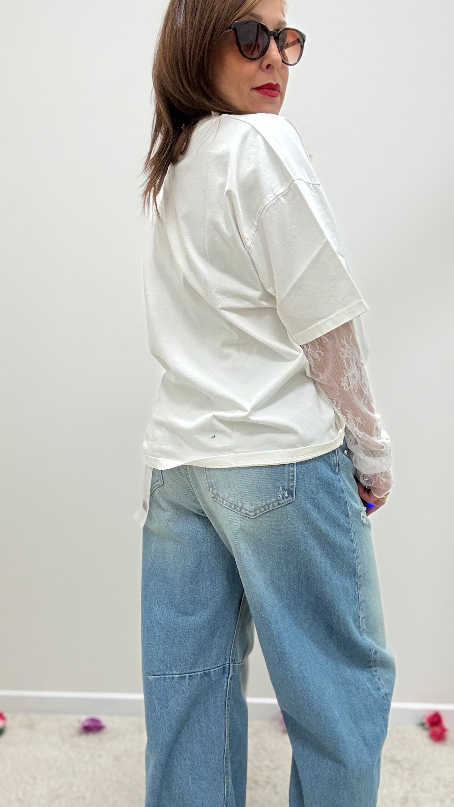 Susy Mix T-Shirt con Manica in Pizzo Bianca