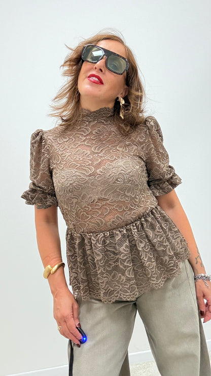 T-shirt pizzo manica sbuffo HaveOne TPA-R006 moro