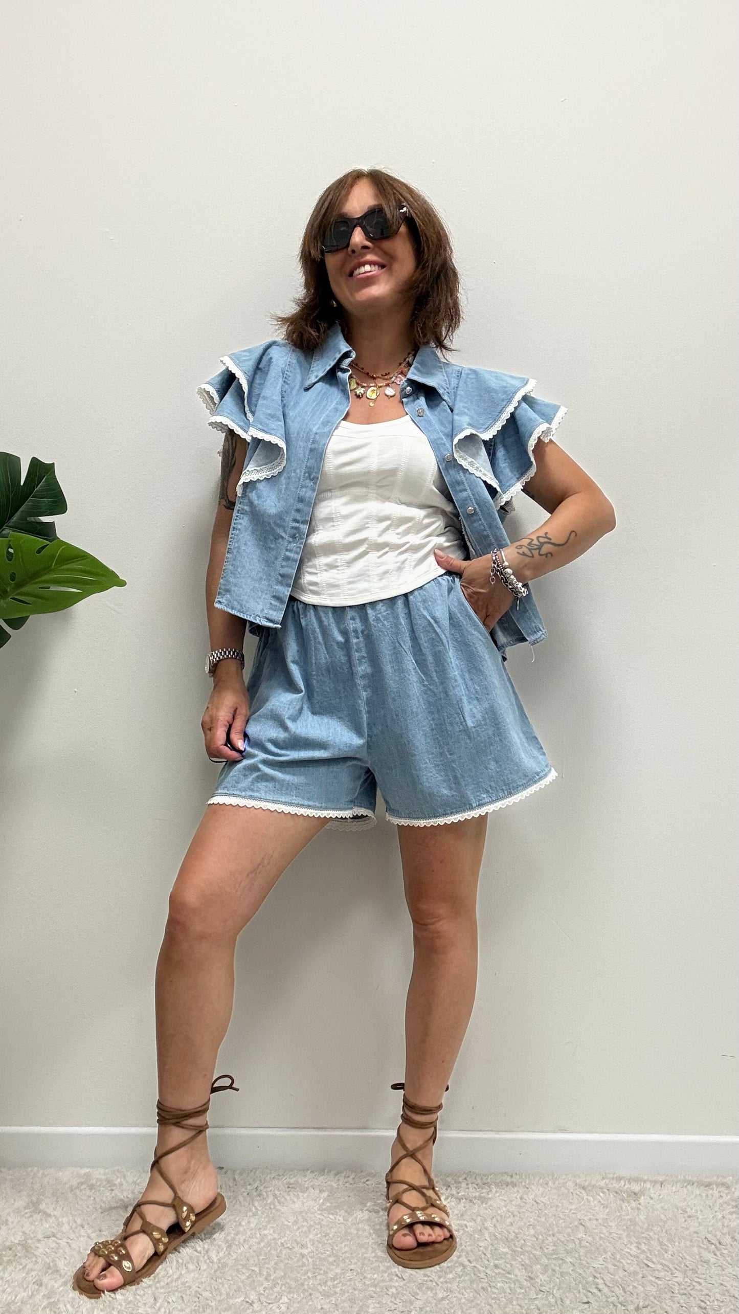 Camicia giacca crop rouches chambray Susy Mix