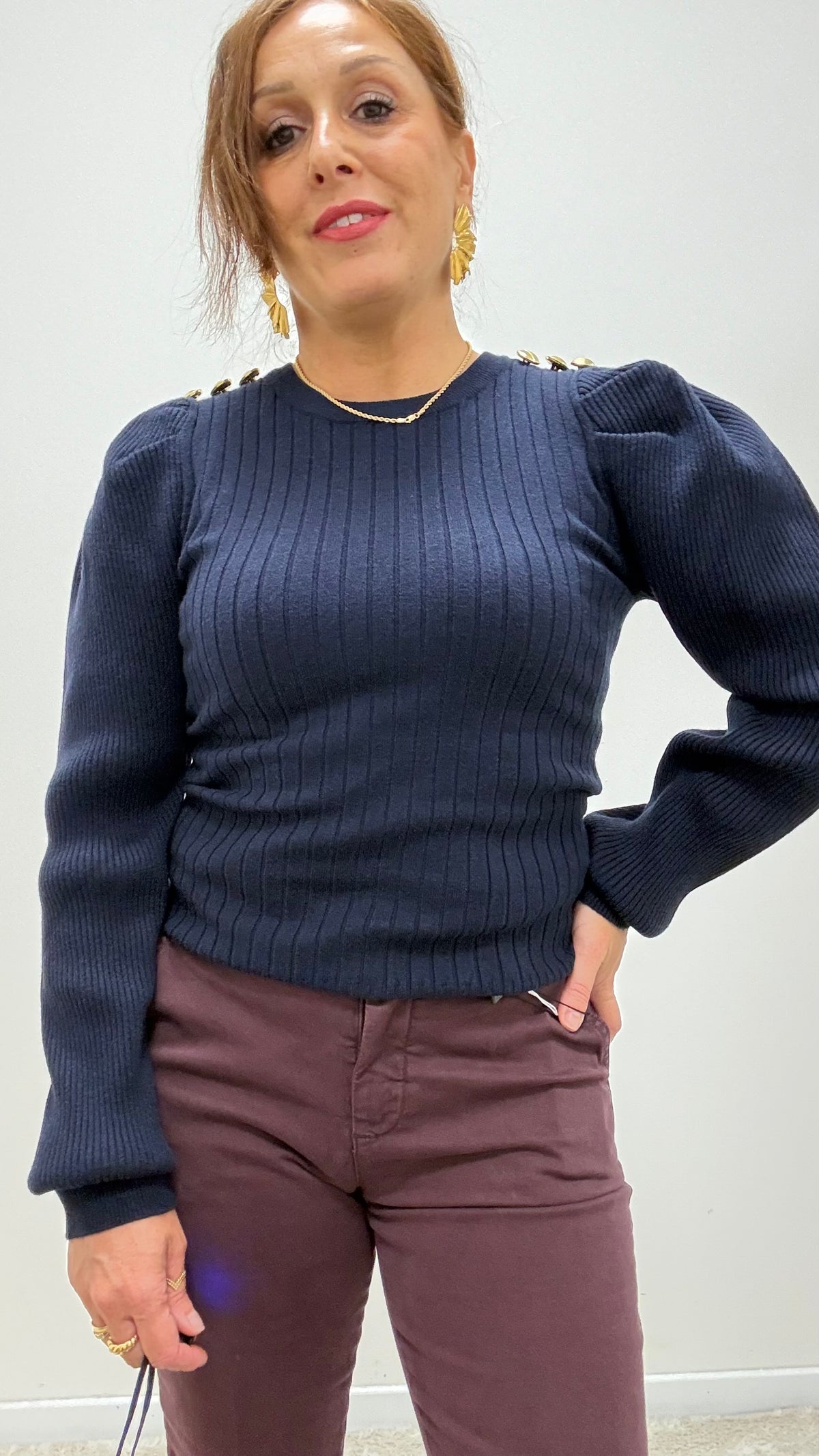 Maglia girocollo bottoni gioiello Extasy blu navy