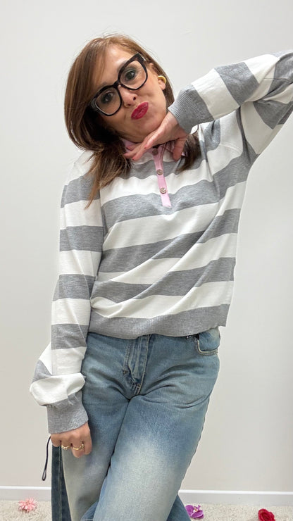 Polo righe grigio con colletto a contrasto Tensione in