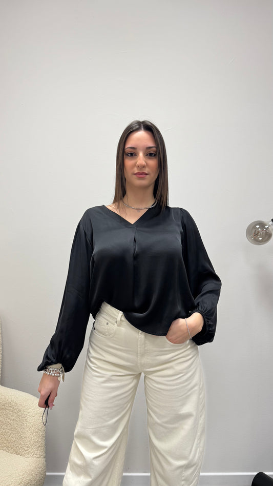 Blusa raso viscosa 100% scollo a V Haveone nero
