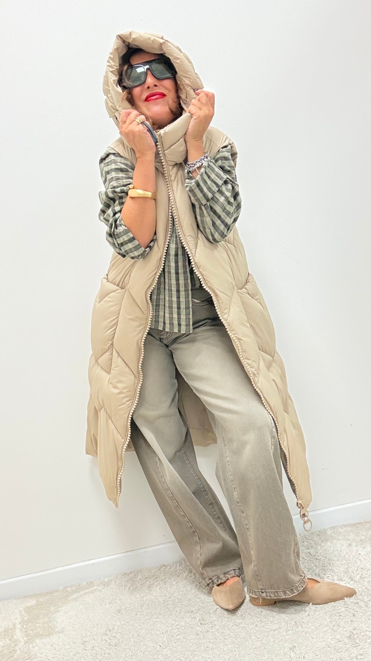 Gilet trapuntato con cappuccio Extasy beige