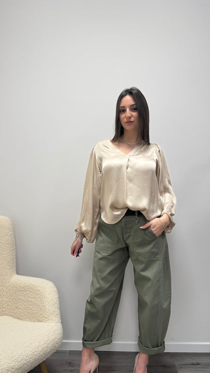 Blusa raso viscosa 100% scollo a V Haveone Beige