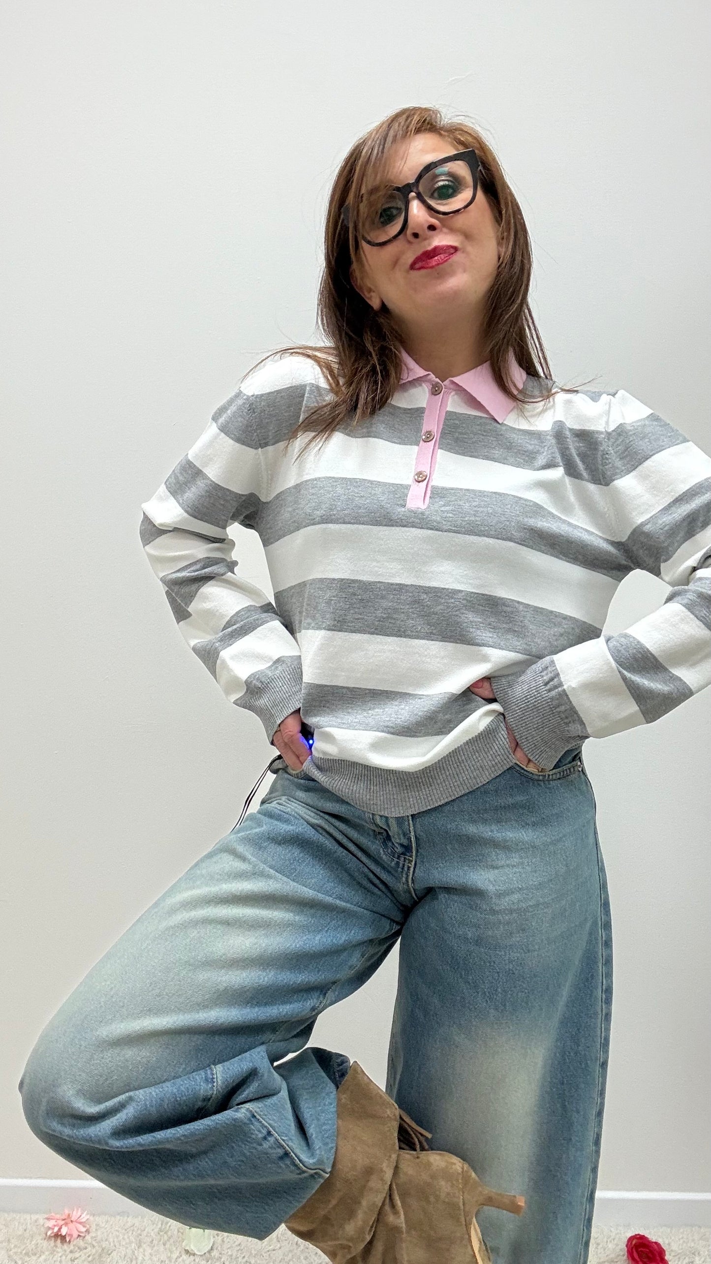 Polo righe grigio con colletto a contrasto Tensione in