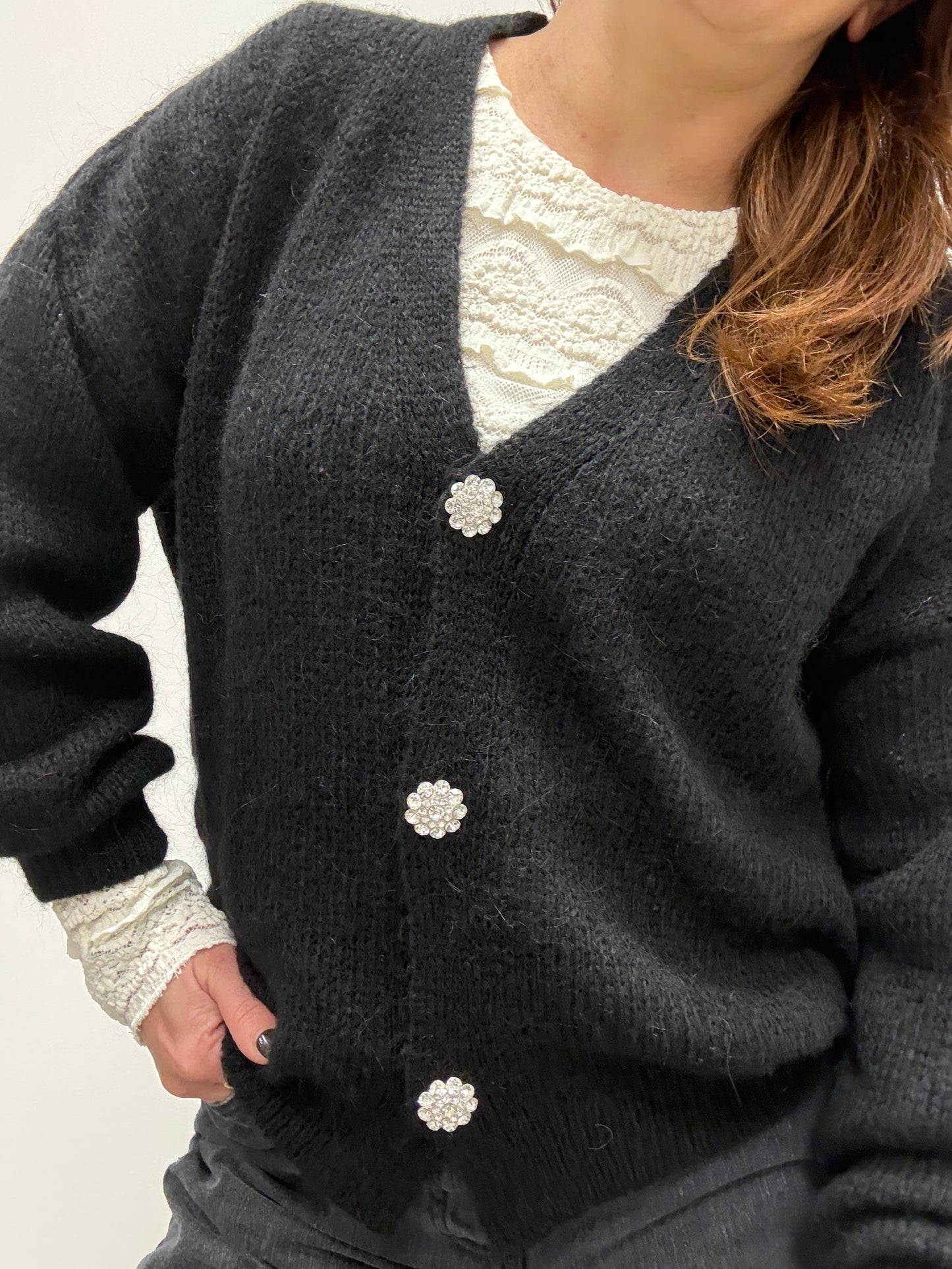 Cardigan gioiello Strass Haveone nero
