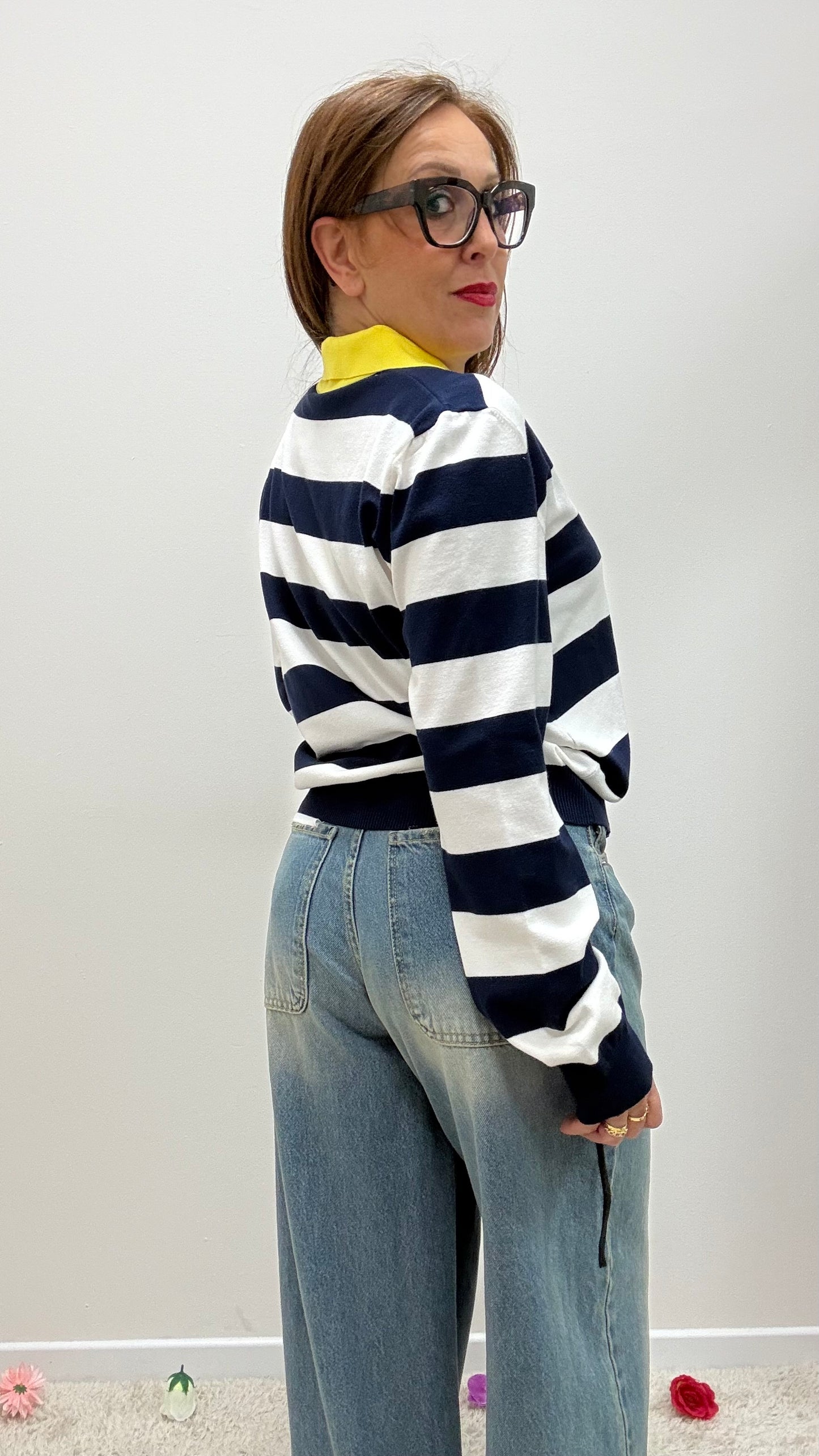 Polo righe blu con colletto a contrasto Tensione in