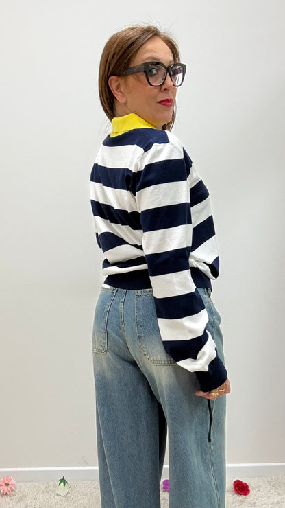 Polo righe blu con colletto a contrasto Tensione in