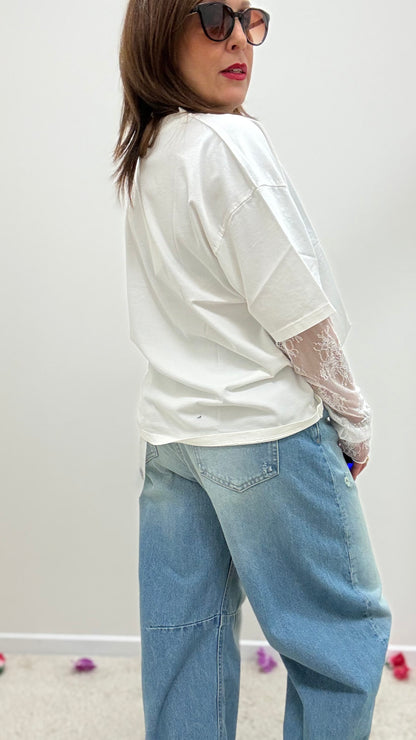 Susy Mix T-Shirt con Manica in Pizzo Bianca