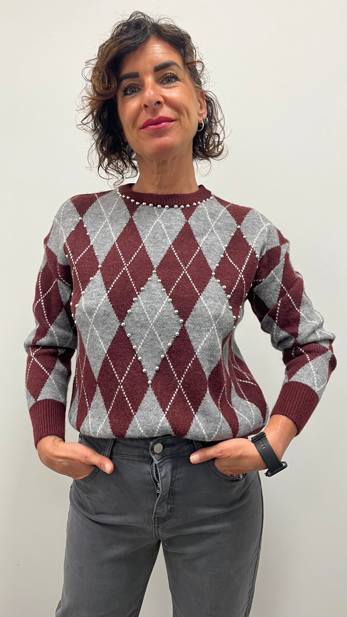 Maglia Paricollo Rombi Bordeaux Grigio Extin