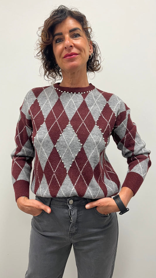 Maglia Paricollo Rombi Bordeaux Grigio Extin