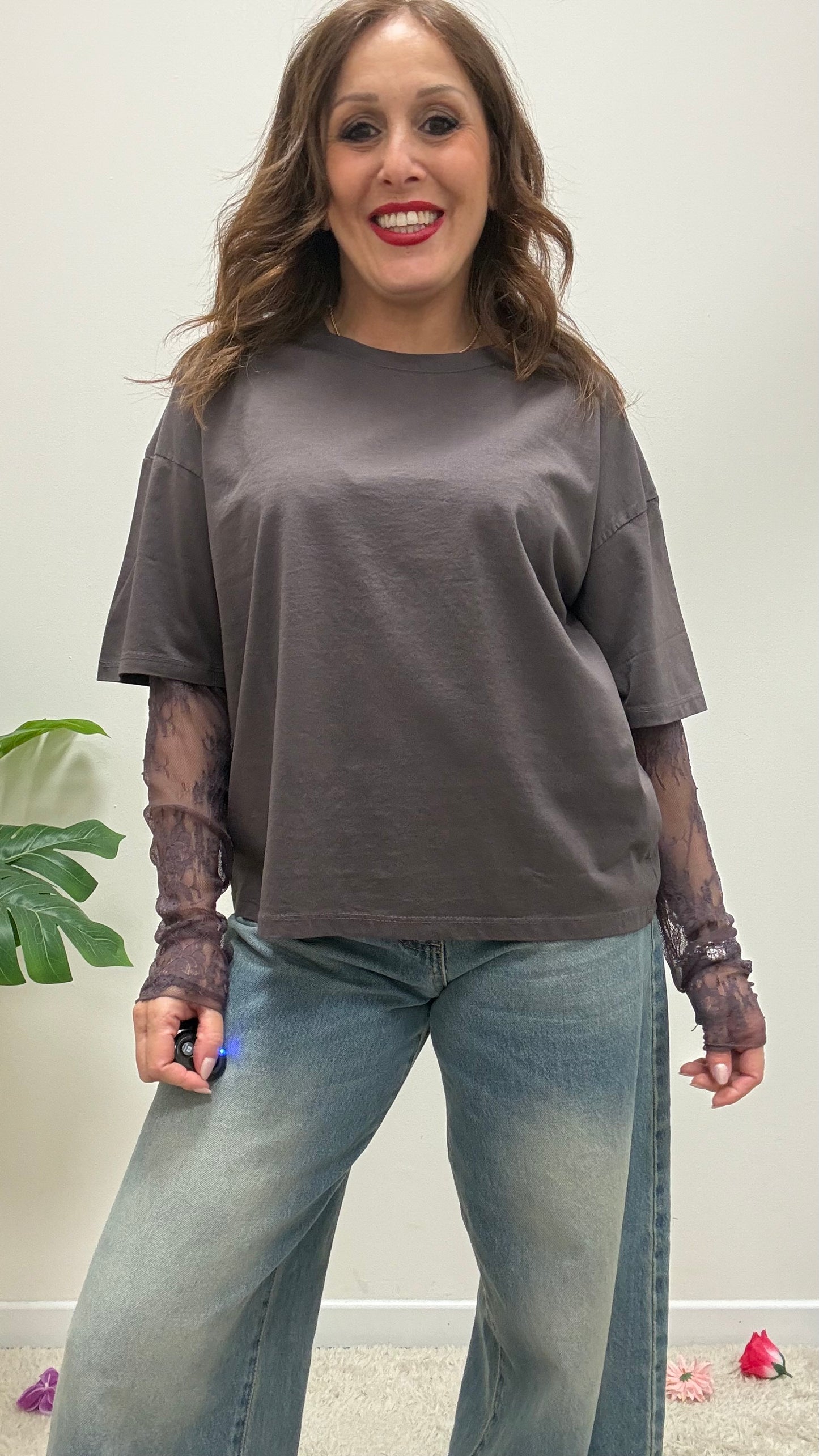 Susy Mix T-Shirt con Manica in Pizzo Moro
