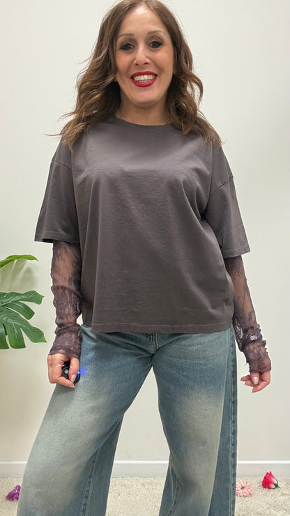 Susy Mix T-Shirt con Manica in Pizzo Moro