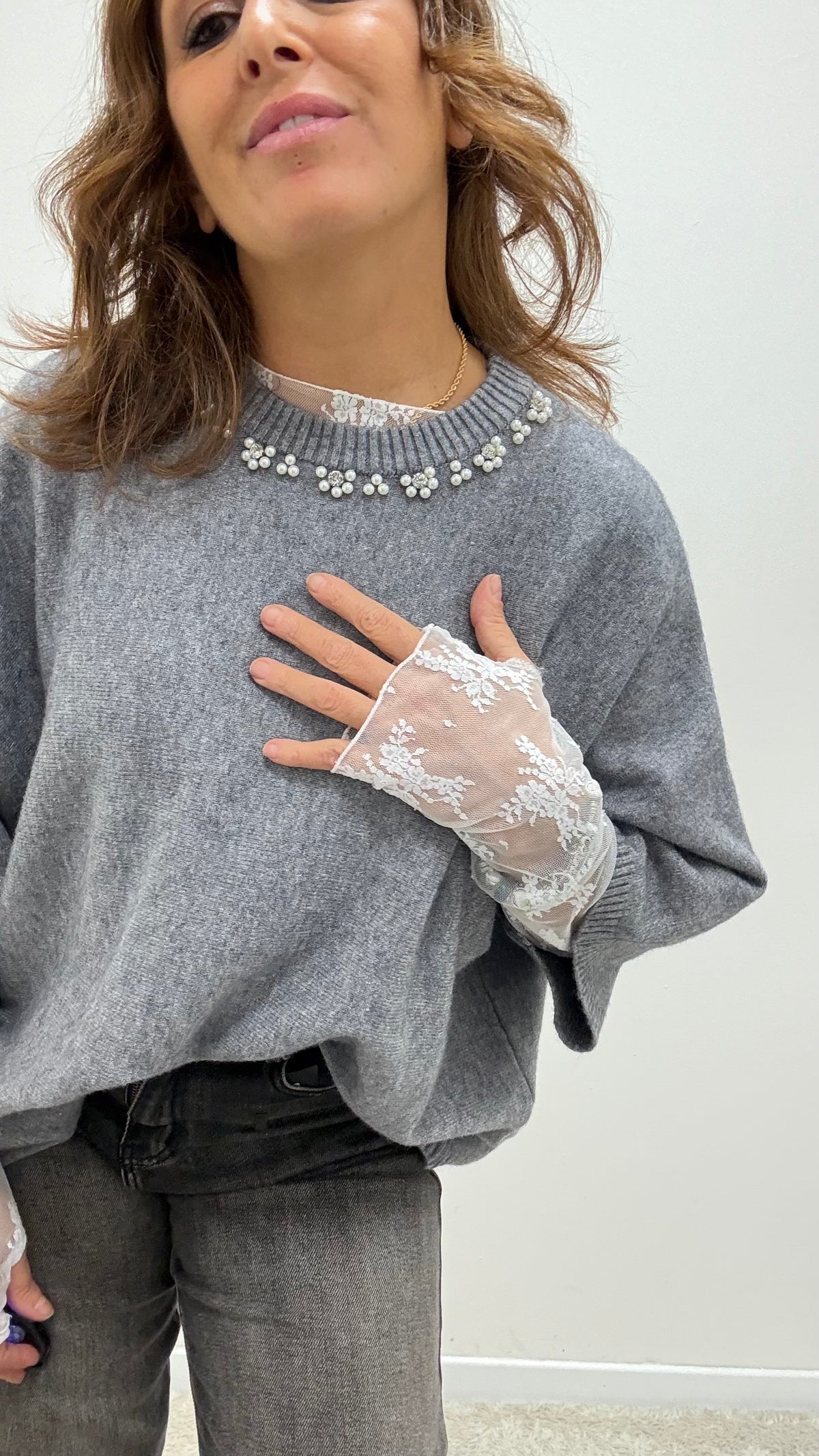 Maglia manica 3/4 con Swarovski Extyn grigio