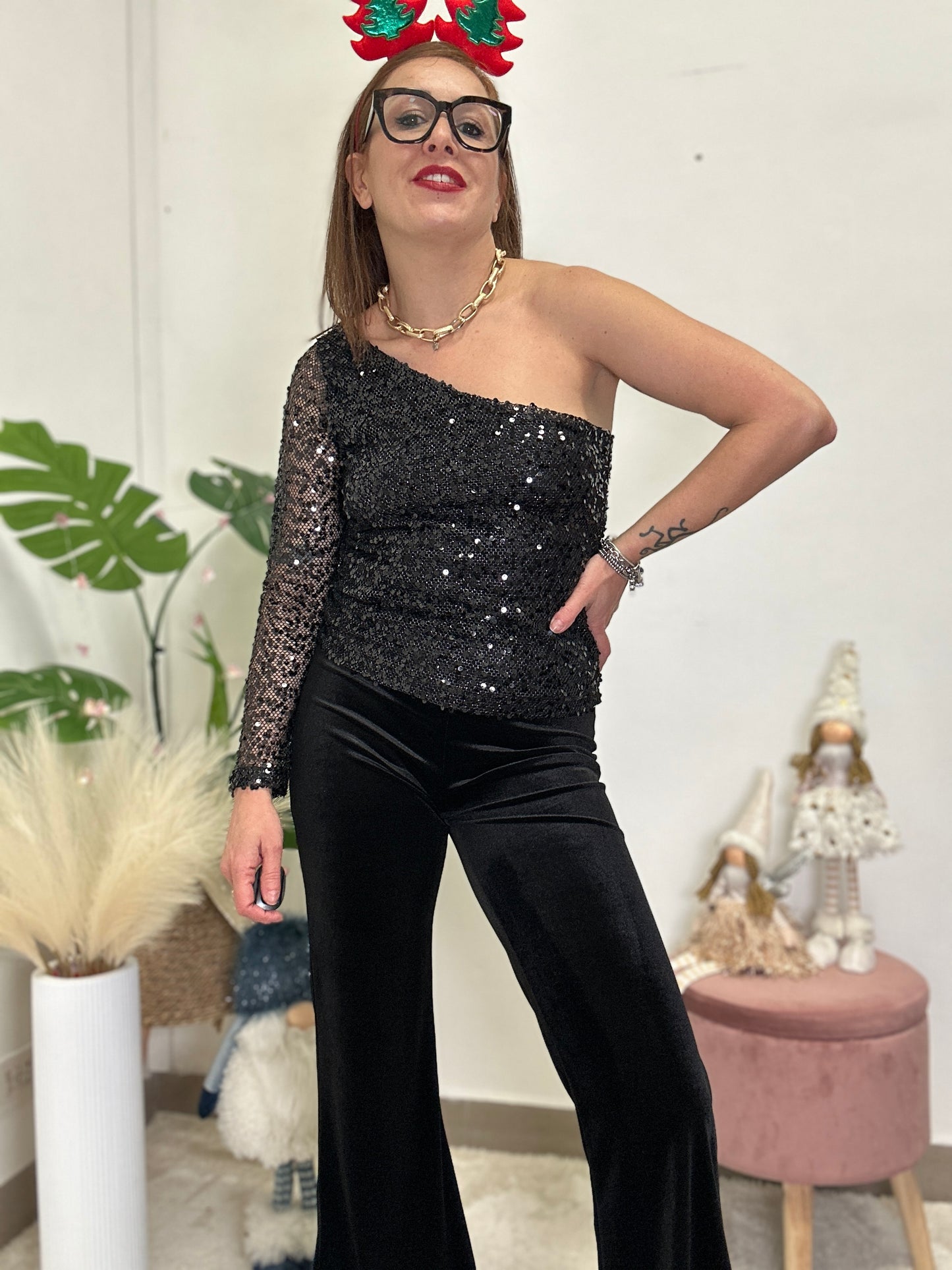 Maglia top mono spalla in paillettes