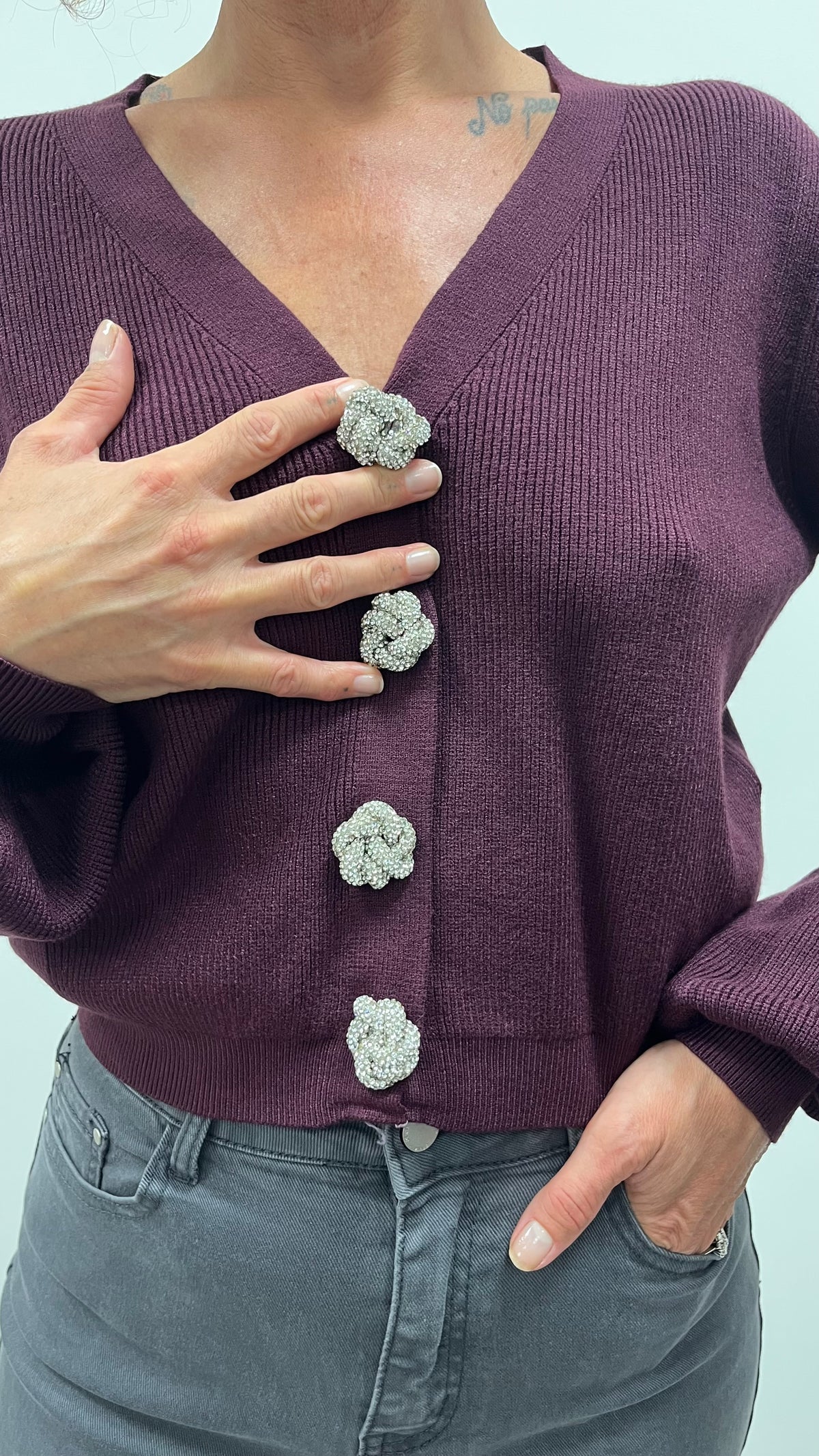 Cardigan Bottone Gioiello Bordeaux