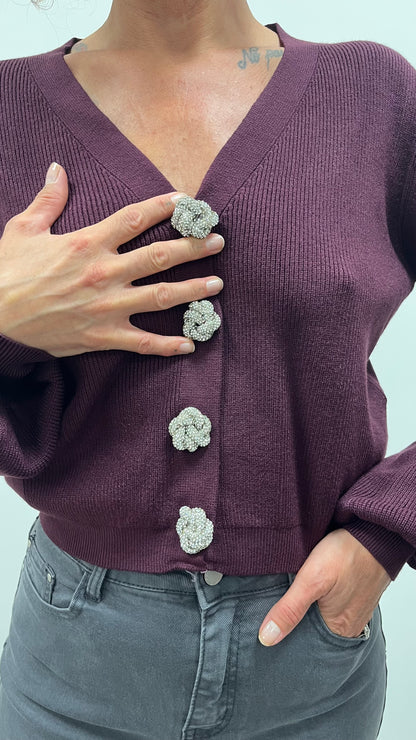 Cardigan Bottone Gioiello Bordeaux