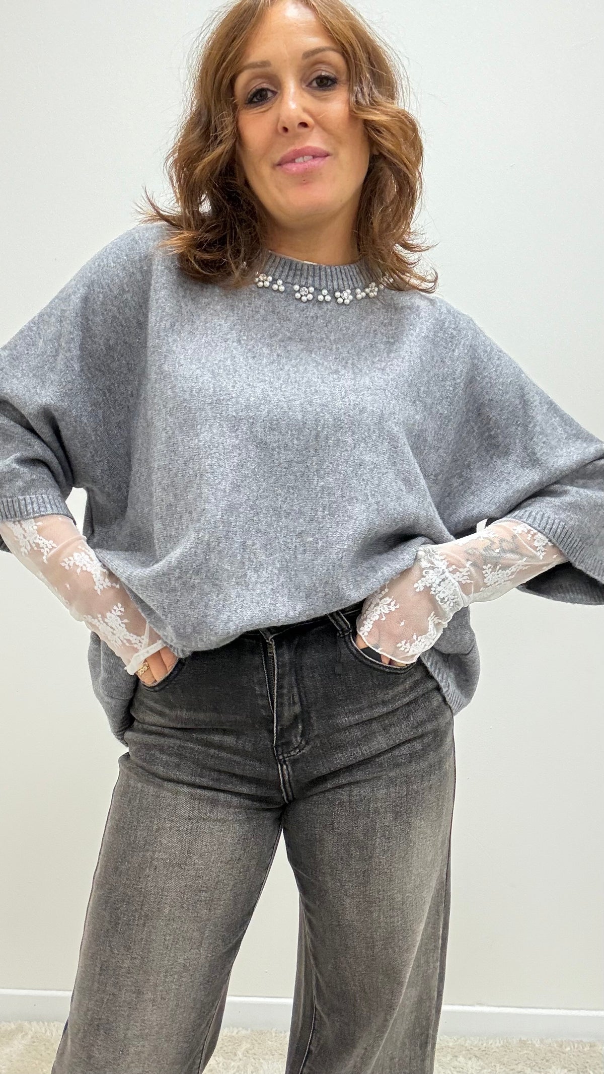 Maglia manica 3/4 con Swarovski Extyn grigio