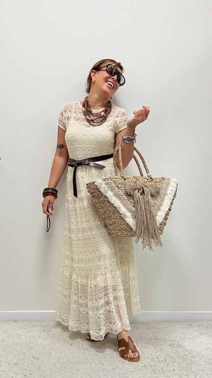 Abito pizzo burro con balze e sottoveste Susy Mix