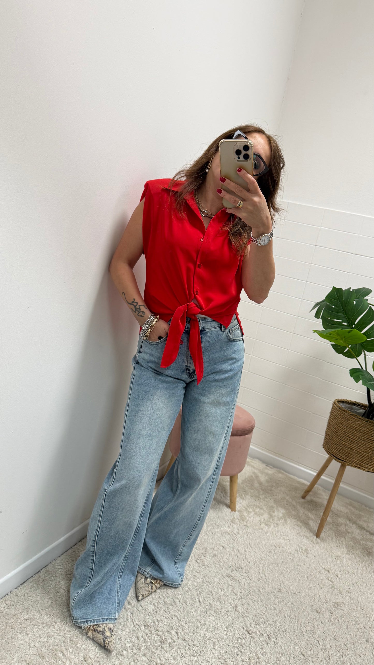 Camicia smanicata in Tessuto Fluido Rossa Susy Mix