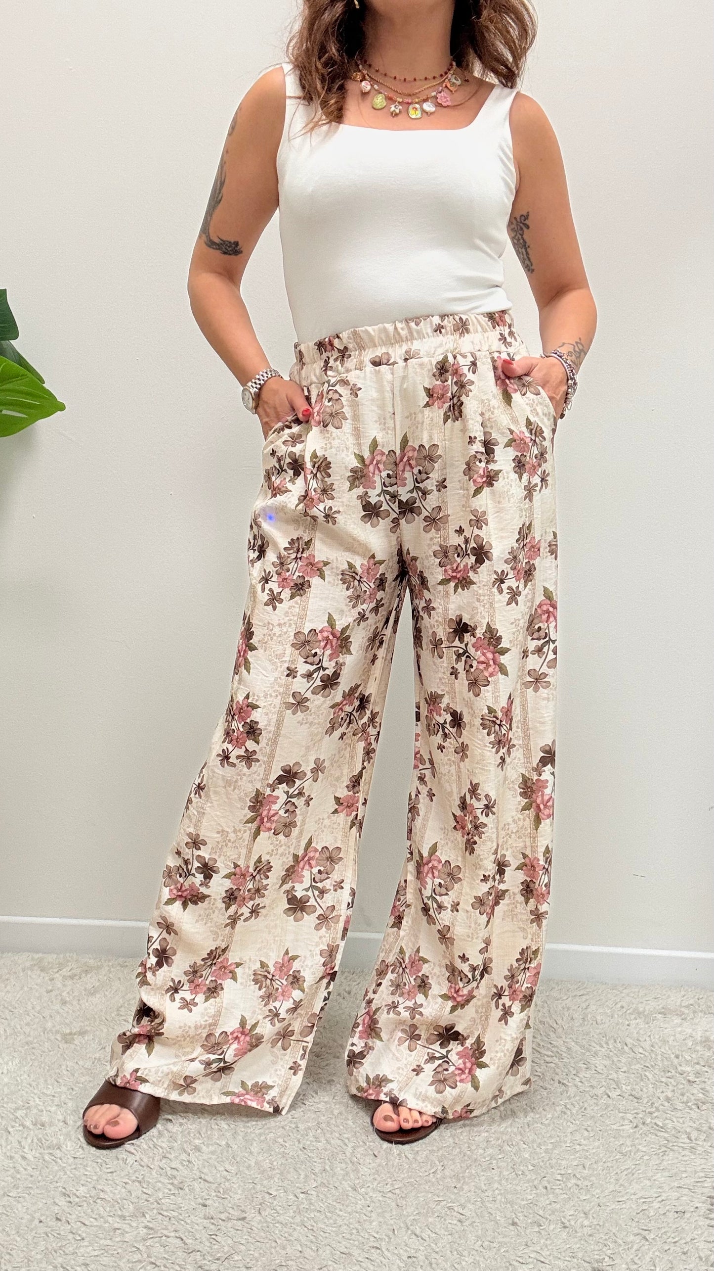 Pantalone Palazzo fiore rosa Extasy