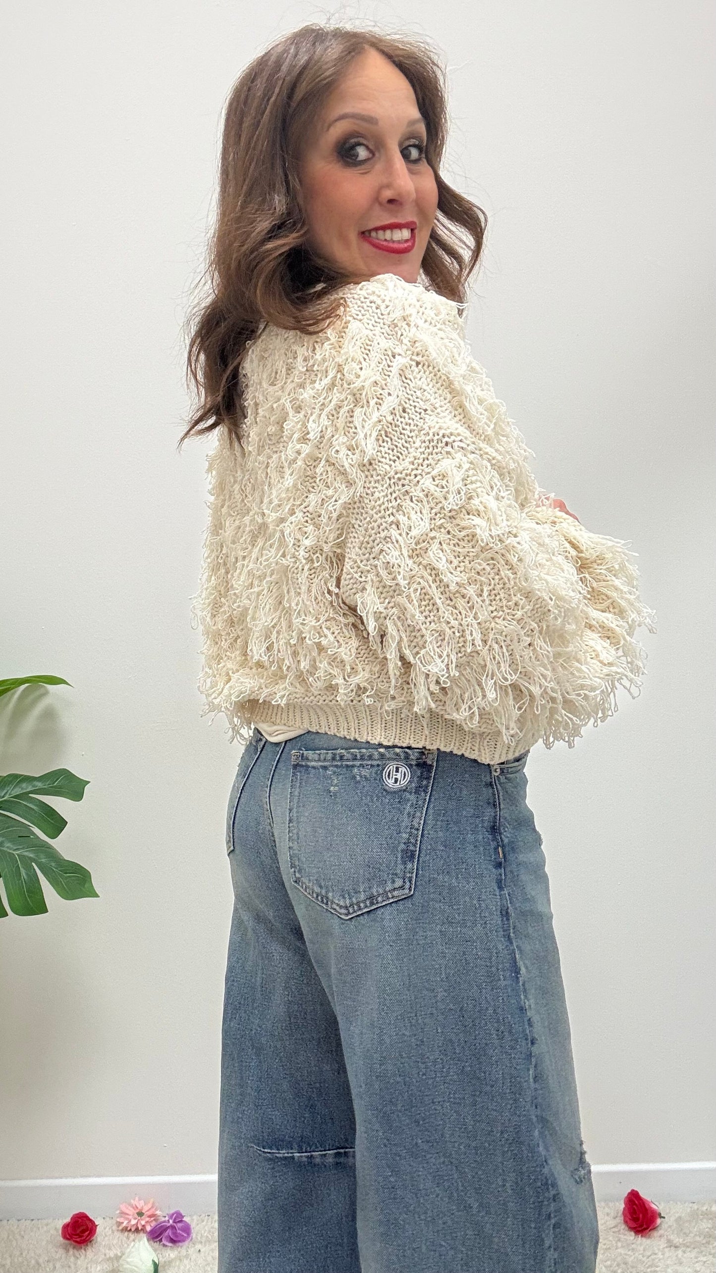 Cardigan corto con frangette burro Haveone