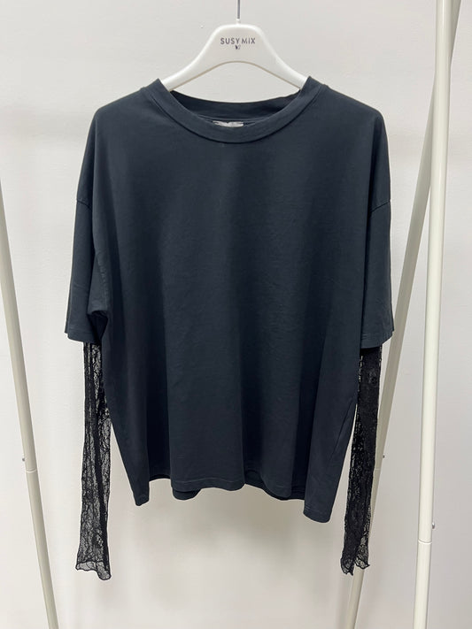 Susy Mix T-Shirt con Manica in Pizzo Nera