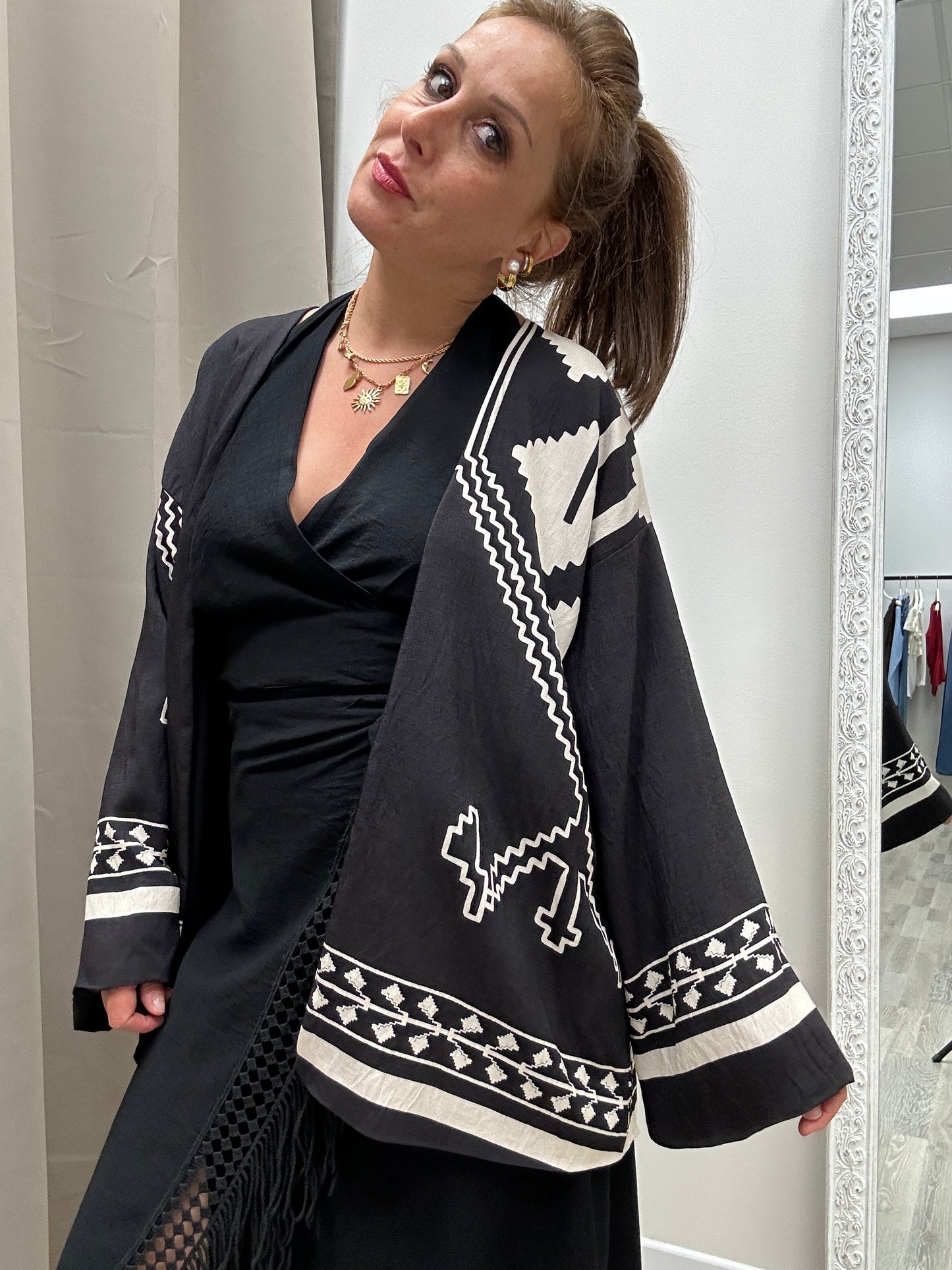 Haveone Kimono fantasia etnica, nero