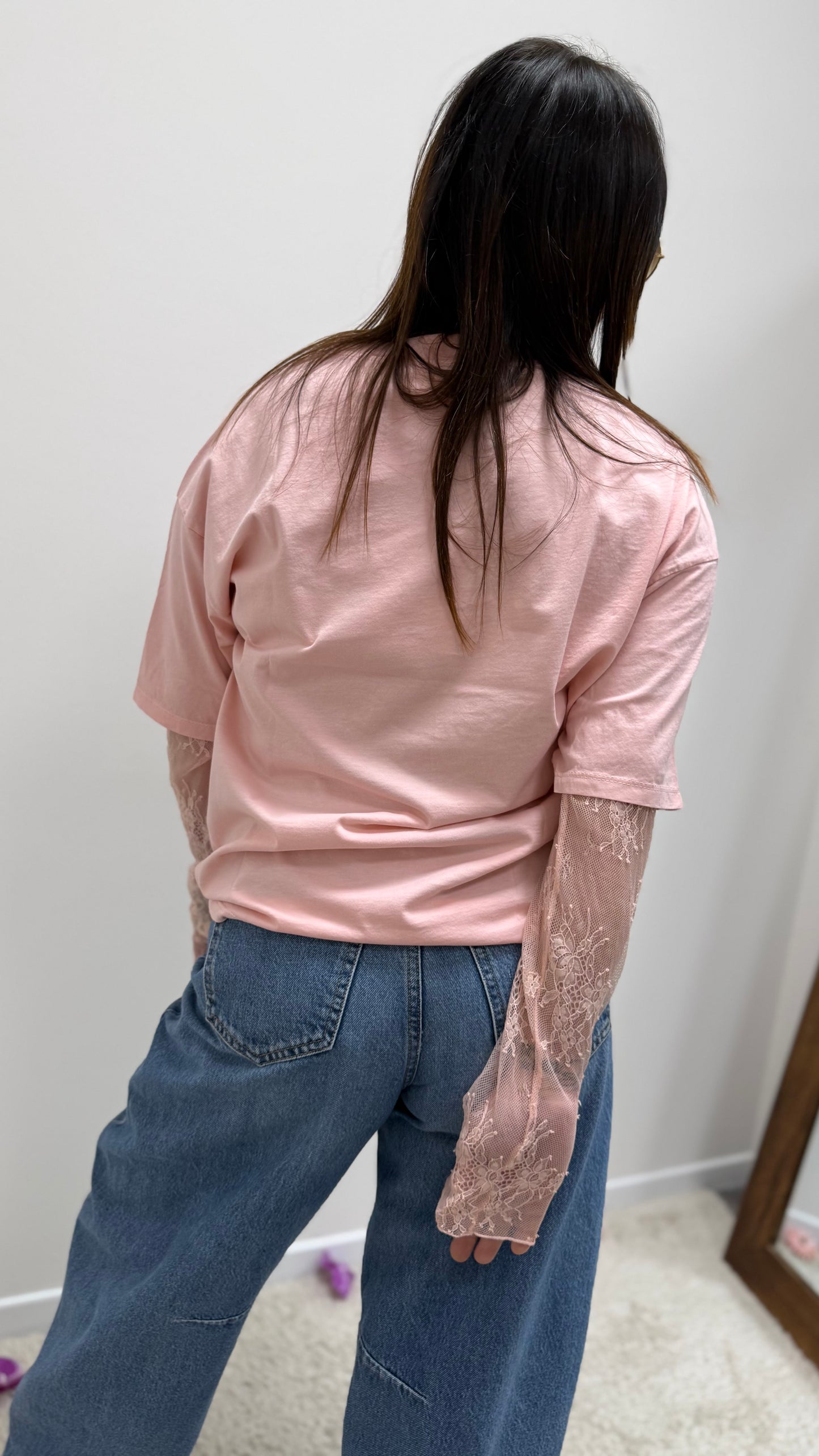 Susy Mix T-Shirt con Manica in Pizzo Rosa