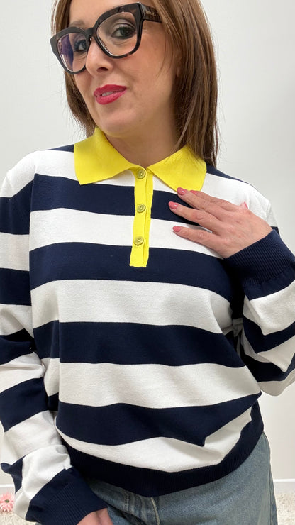 Polo righe blu con colletto a contrasto Tensione in