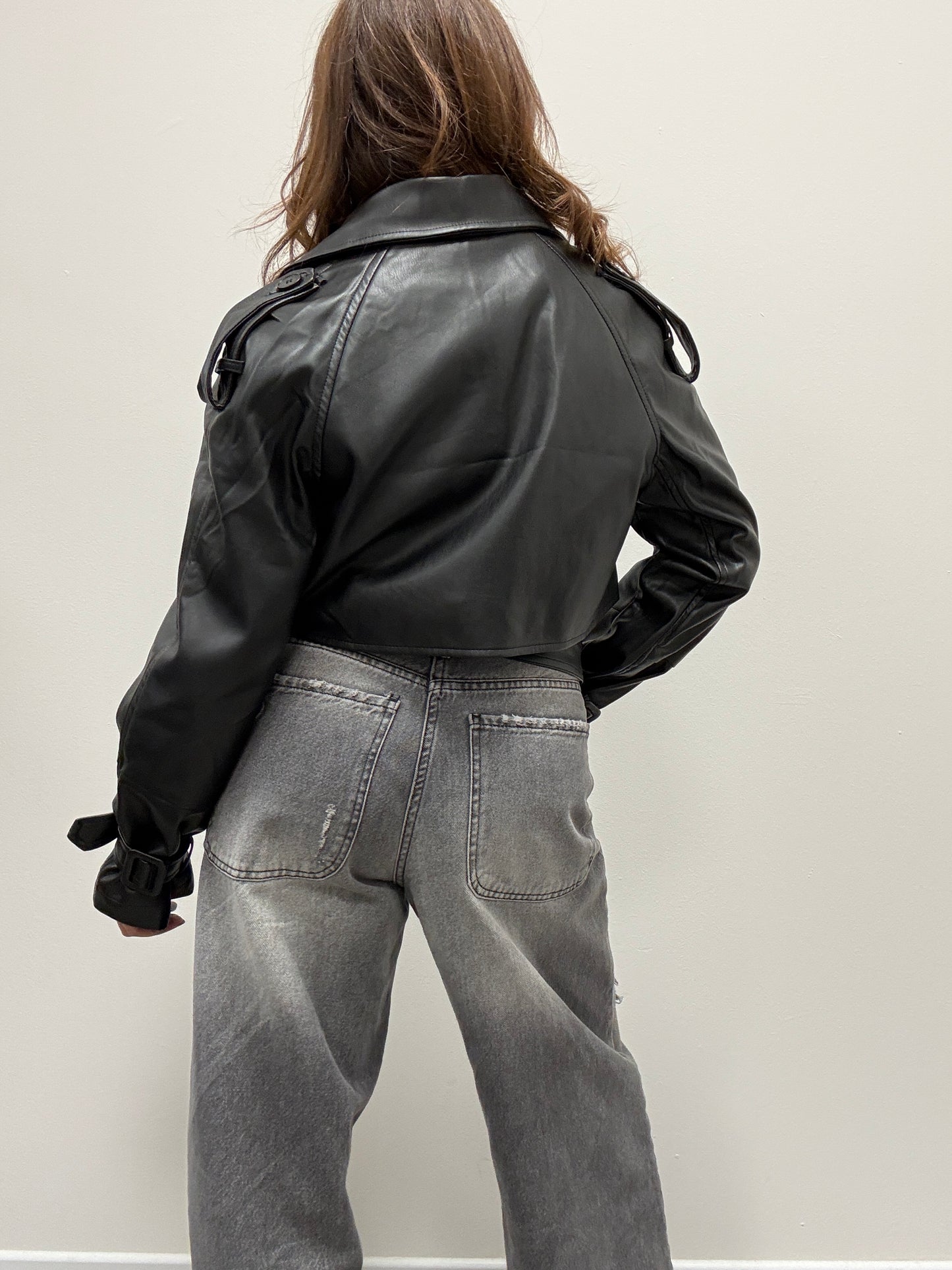 Giacca bomber ecopelle cintura nero