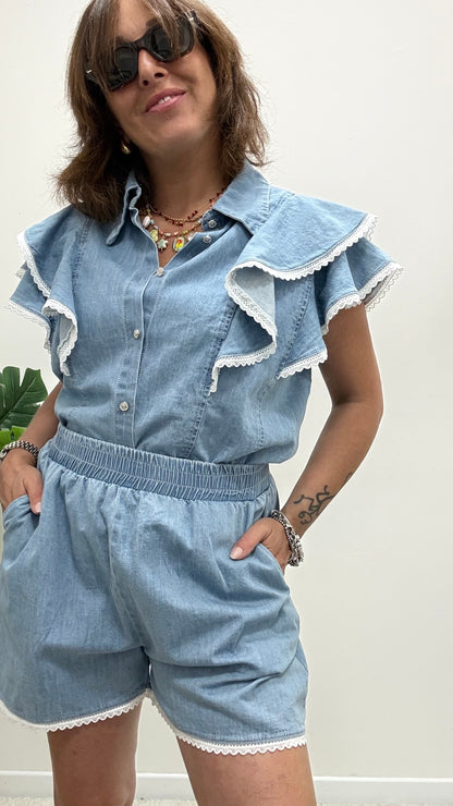 Camicia giacca crop rouches chambray Susy Mix