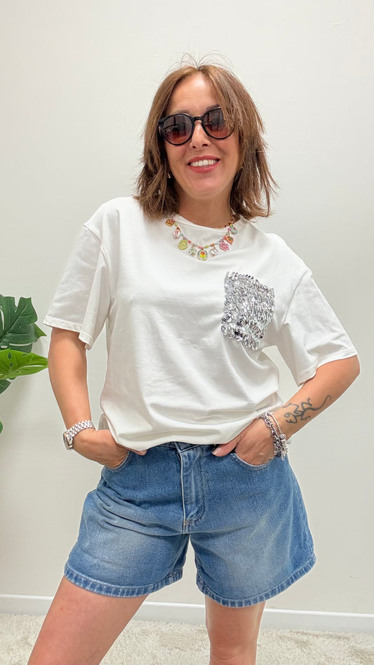 T-shirt tasca paillettes Bianca Susy Mix