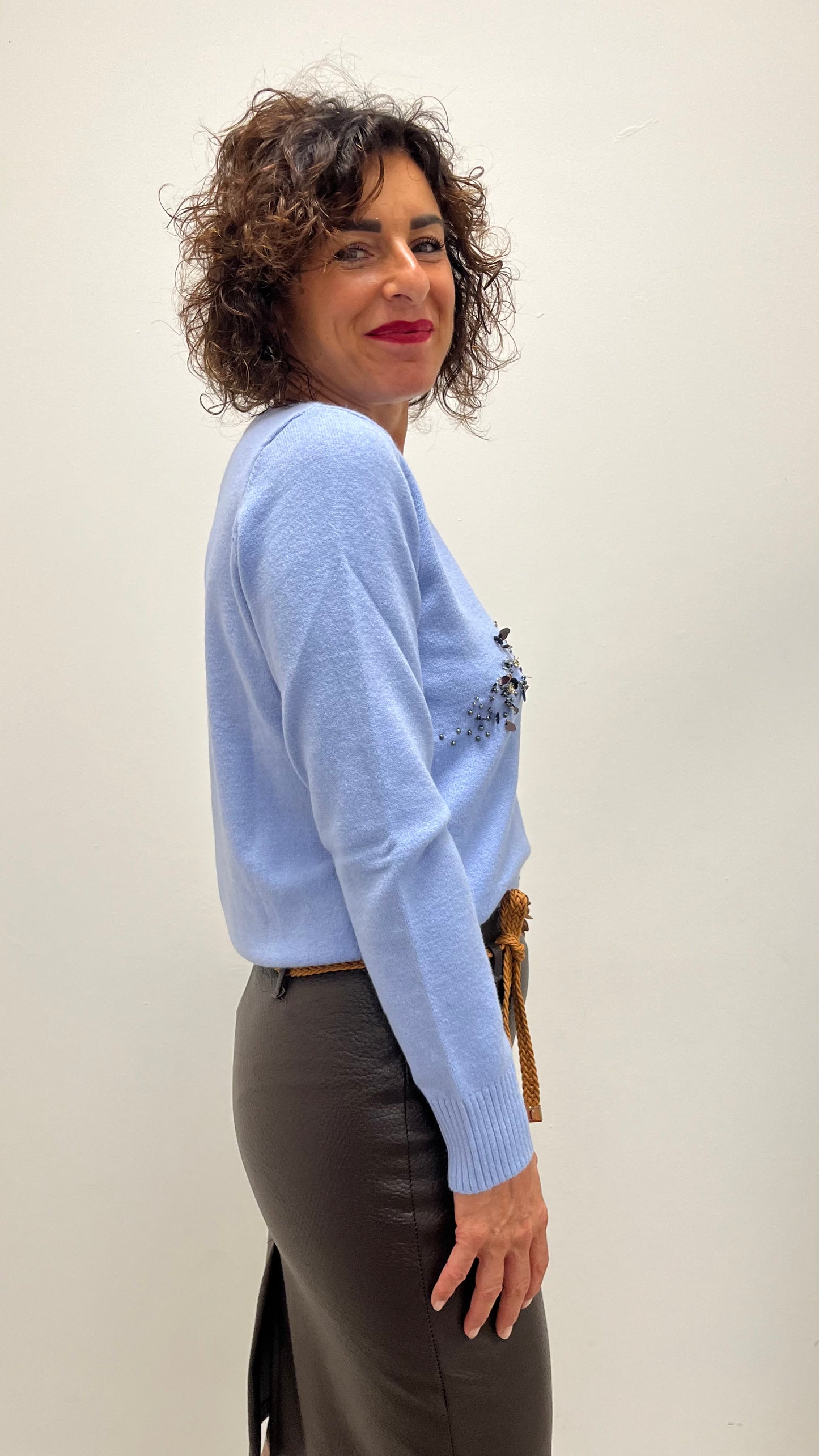 Maglia Paricollo Paillettes e Strass Extasy Azzurra
