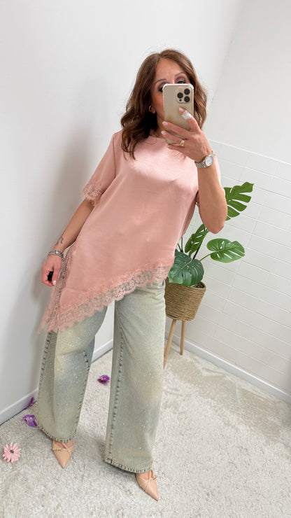 Maglia raso asimmetrica pizzo Memoire