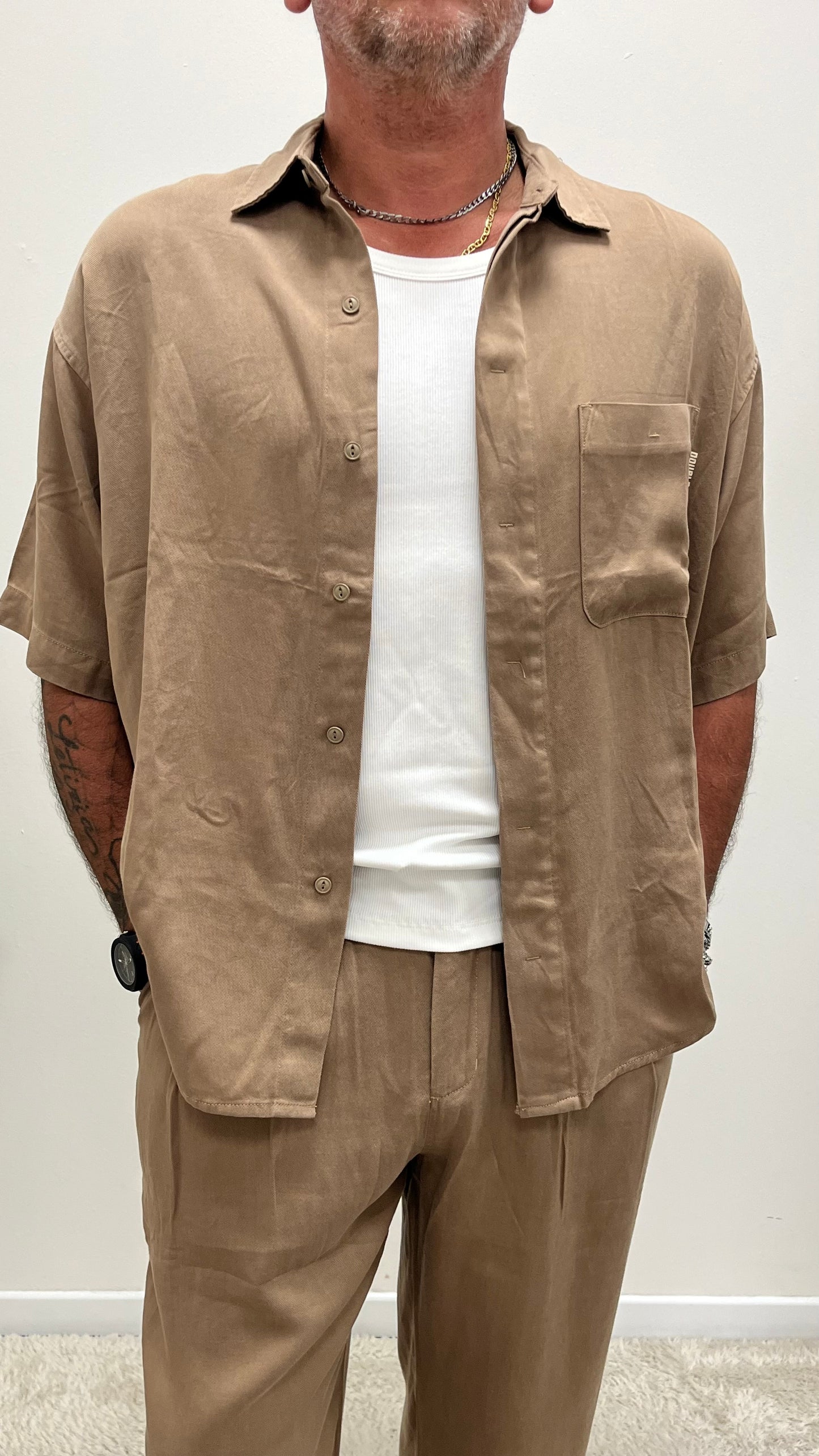 Camicia Over Manica Corta Camel Double Label
