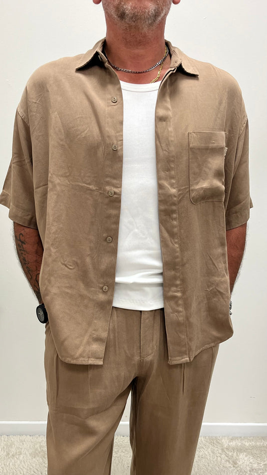 Camicia Over Manica Corta Camel Double Label