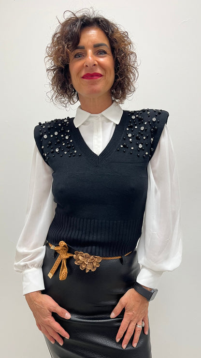 Gilet strass e perle nero Extasy