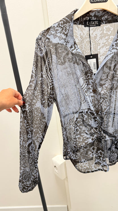 Camicia georgette fantasia con nodo Extasy azzurro moro e lurex