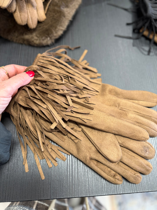 Guanti ecocamoscio con frange tabacco Memoire