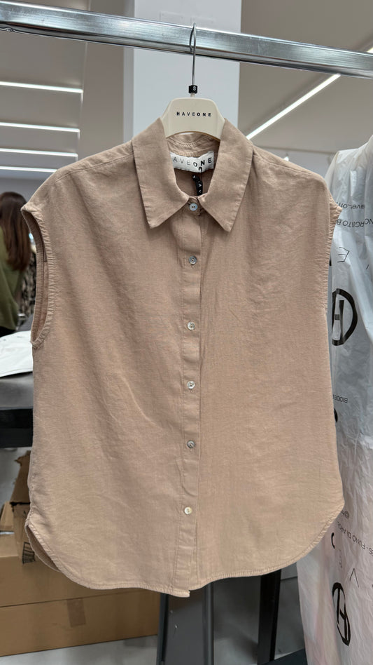 Camicia smanicata drittain lino tortora Haveone