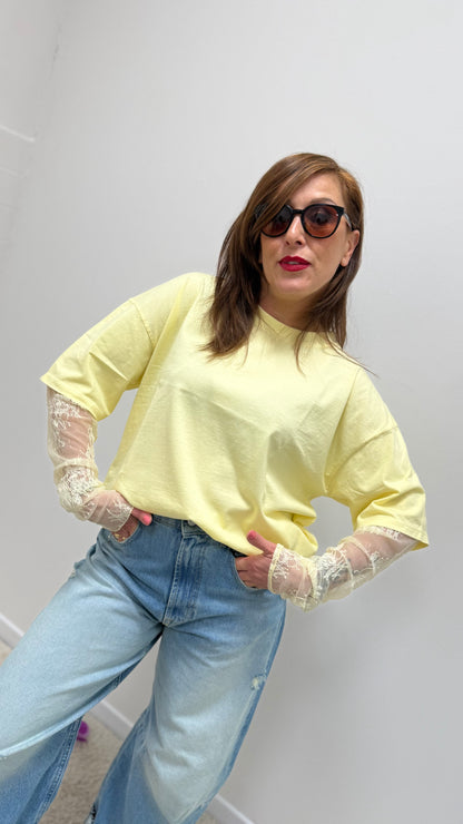 Susy Mix T-Shirt con Manica in Pizzo Gialla