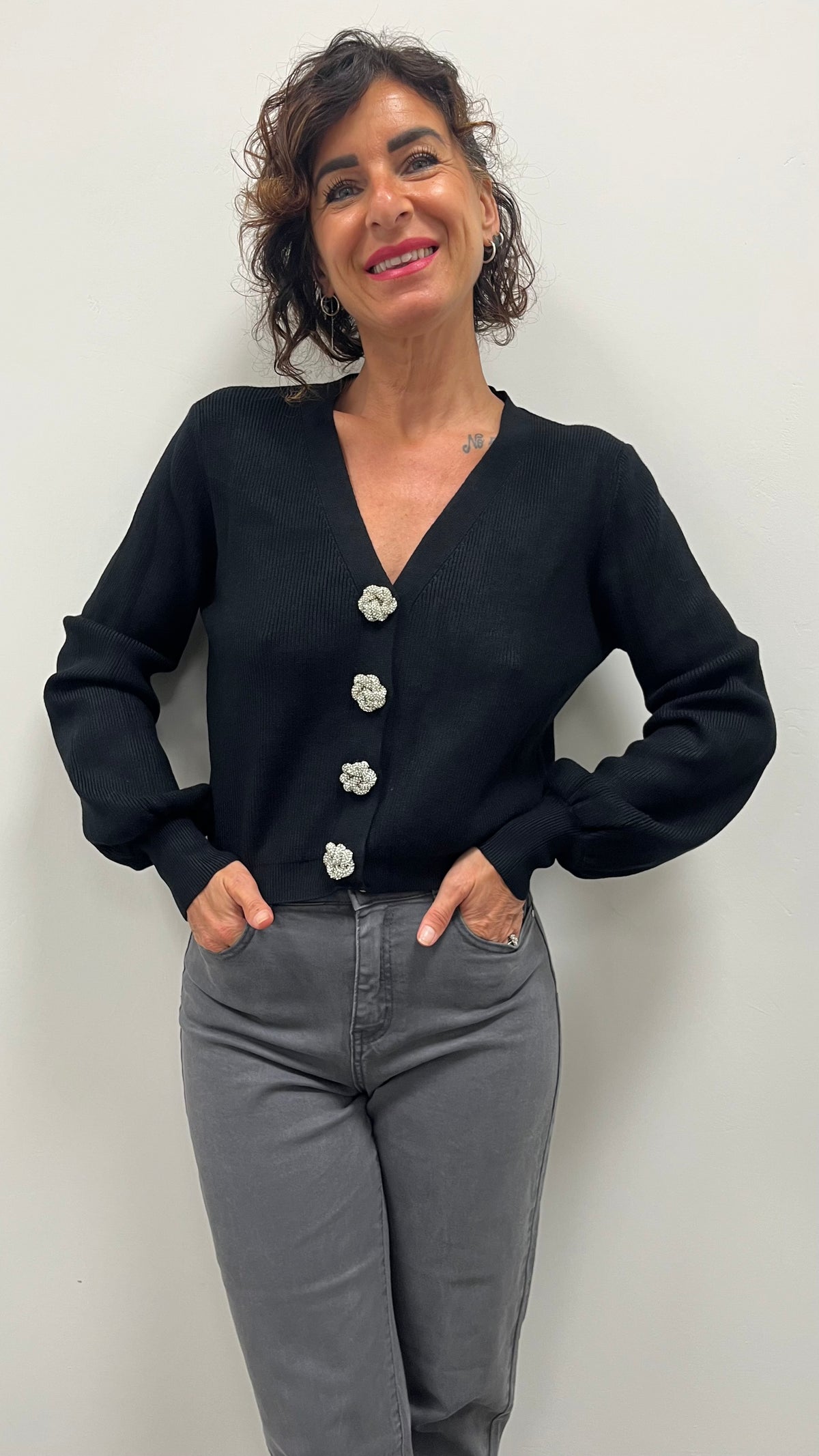 Cardigan Bottone Gioiello Extin Nero